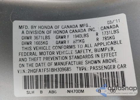 2011 Honda Civic Lx z USA, uszkodzony, nr VIN 2HGFA1F51BH309685